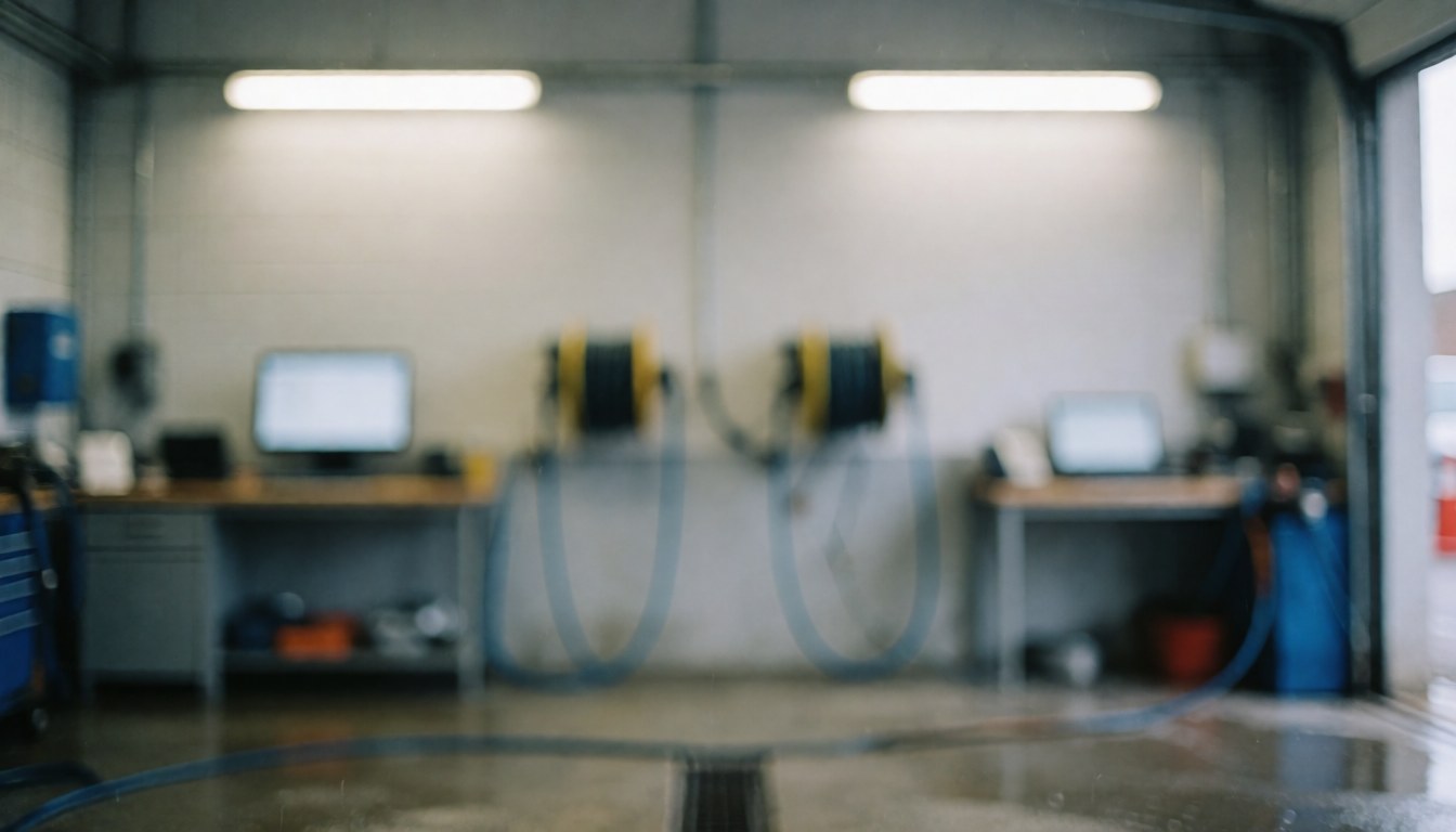 Blurred industrial car wash area with lights, hoses, and reflections on the wet floor, ideal for text.