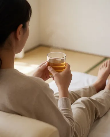 A relaxed individual sitting on a tatami mat holding a cup of hot tea with visible steam rising, set against warm white walls with natural light.