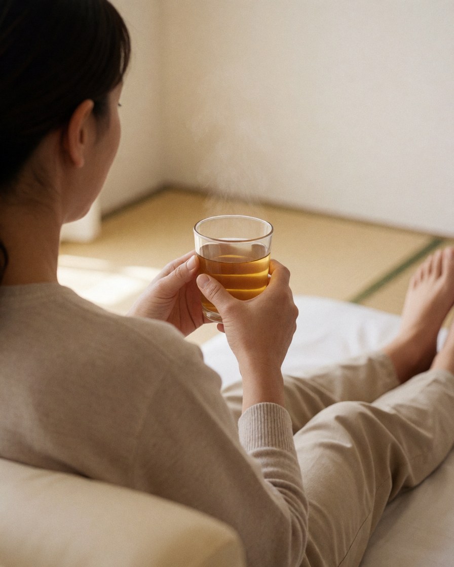 A relaxed individual sitting on a tatami mat holding a cup of hot tea with visible steam rising, set against warm white walls with natural light.