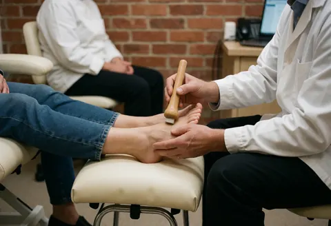 Reflexologist applying treatment with a tool to a client's elevated foot against a brick wall, no faces visible