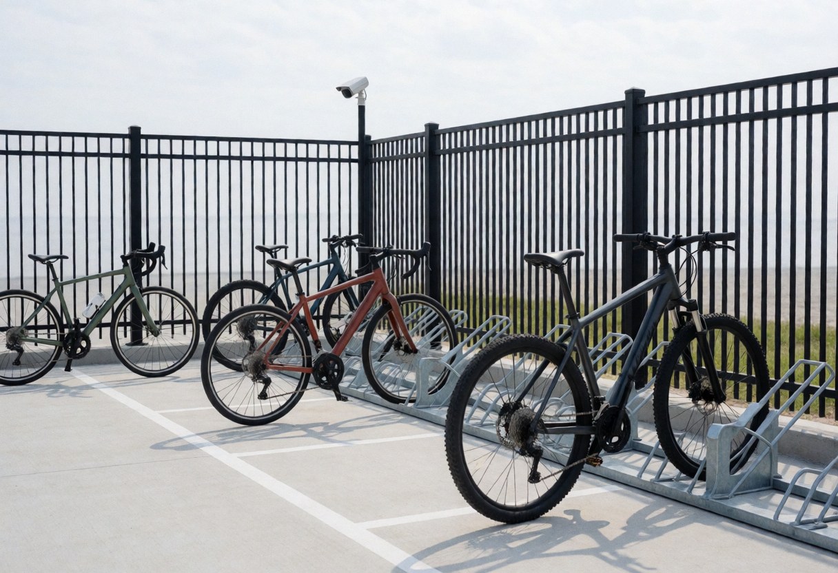 Metal bicycle parking rack with concrete floor and security camera for cycling instructors