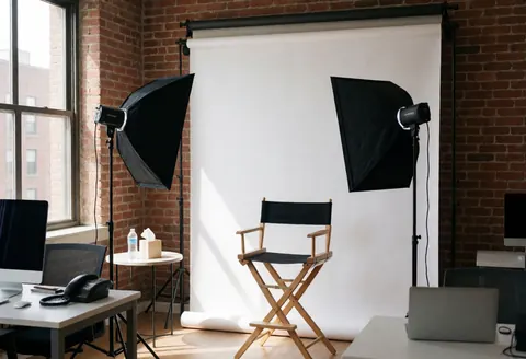 Photography studio featuring a director chair, white backdrop, softbox lighting, and a brick wall for professional portraits