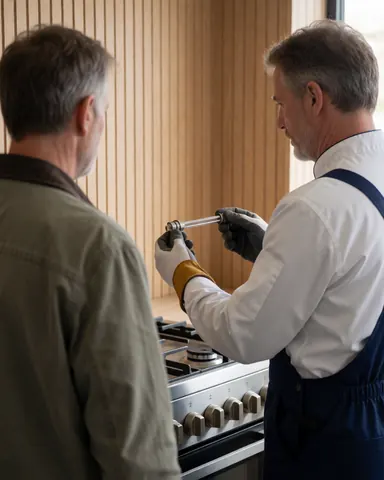 Technician wearing gloves displays a new igniter to a client in front of a kitchen stove in a workshop with wooden walls.