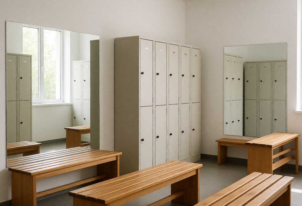 Bright dressing room with wooden lockers, mirrors, and benches for tango class preparation