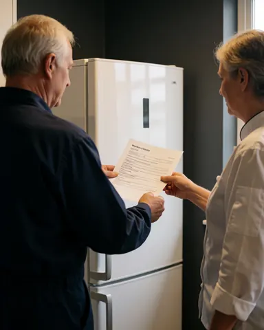 Technician hands a document to a customer standing in front of a refrigerator in a modern kitchen with gray walls and warm lighting.
