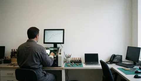 Technician examining data on a precision instrument with watchmaking tools on a clean modern desk.
