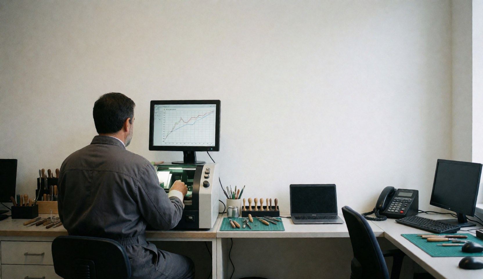 Technician examining data on a precision instrument with watchmaking tools on a clean modern desk.
