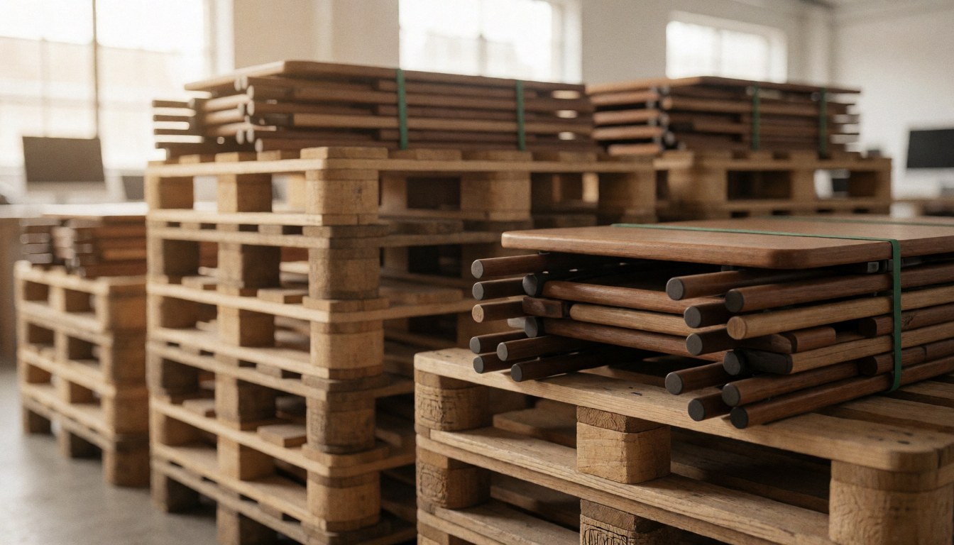 Stacked wooden pallets holding folded tables inside an industrial warehouse with soft lighting and a clean background suitable for text overlays