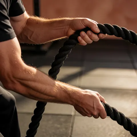 Sweaty muscular arms holding a black battle rope in a gym with rubber flooring and terracotta walls