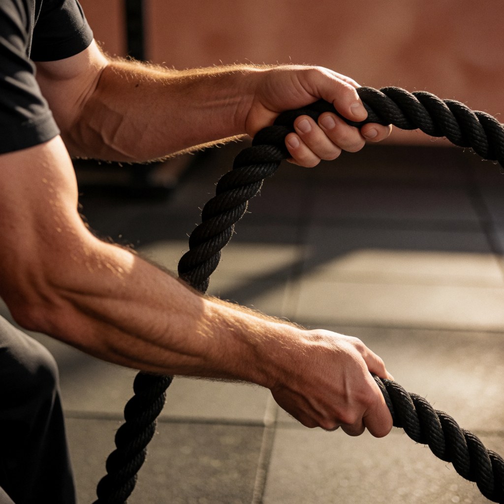 Sweaty muscular arms holding a black battle rope in a gym with rubber flooring and terracotta walls