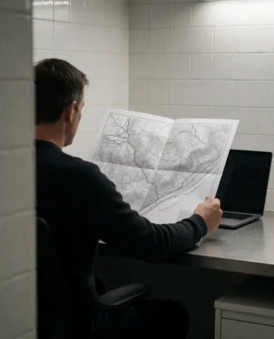A customer examines a detailed topographic map while seated at a desk in an office with white tiled walls and a laptop nearby.