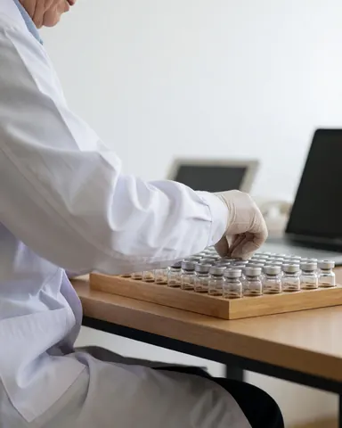 A professional in a white coat and gloves organizes homeopathy vials on a wooden tray.