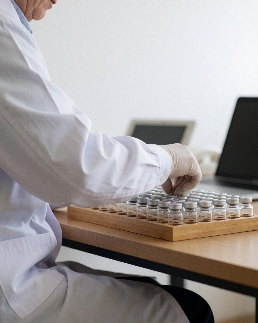 A professional in a white coat and gloves organizes homeopathy vials on a wooden tray.