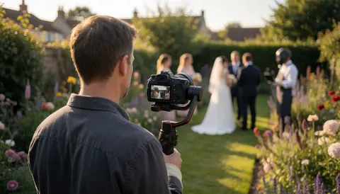 Videographer filming a wedding in a flower-filled garden under golden light