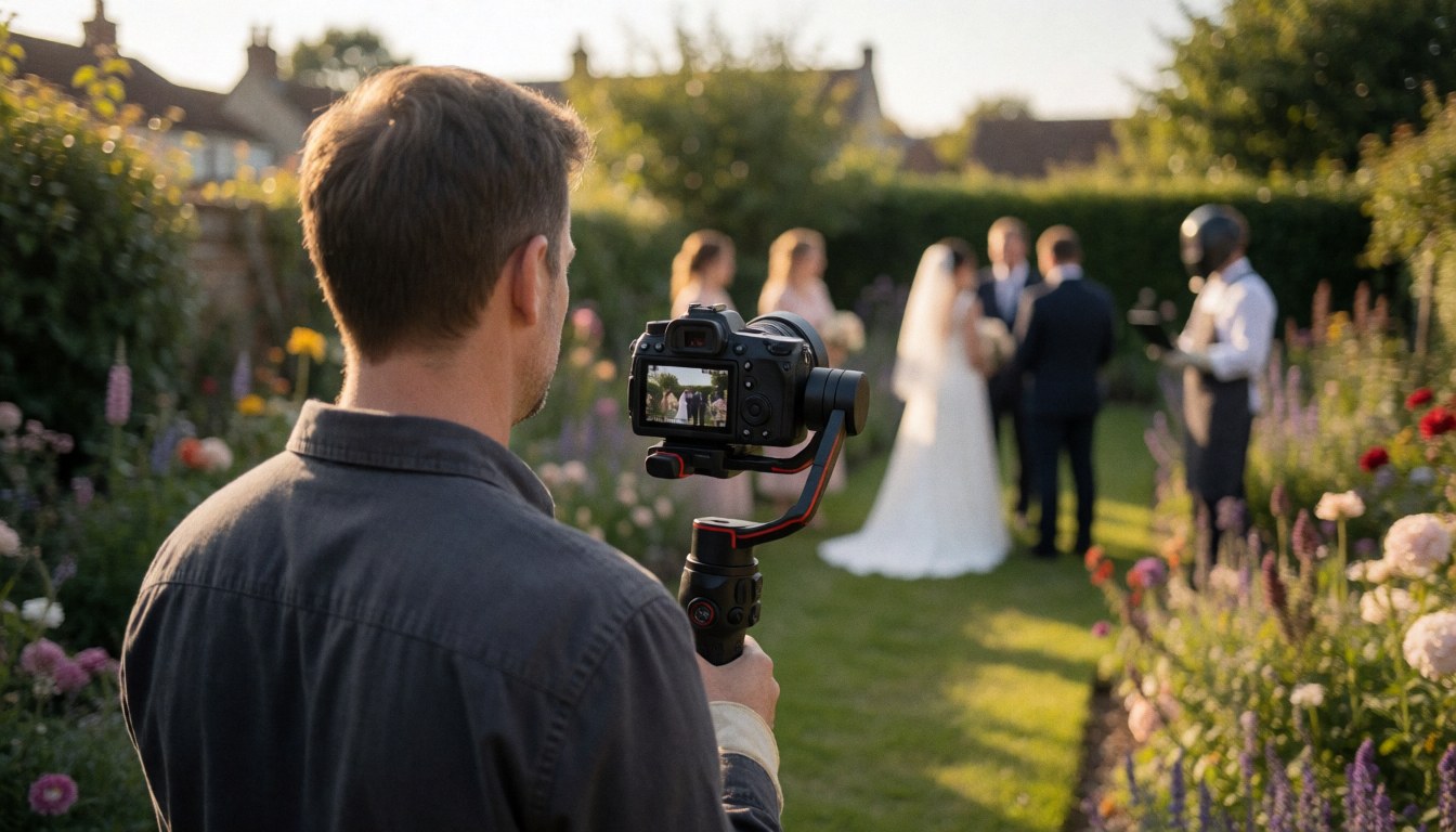 Videographer filming a wedding in a flower-filled garden under golden light