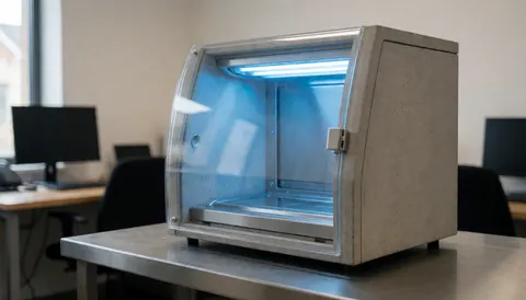 UV sterilization chamber placed on a stainless steel table in a clean workshop environment for console repair.
