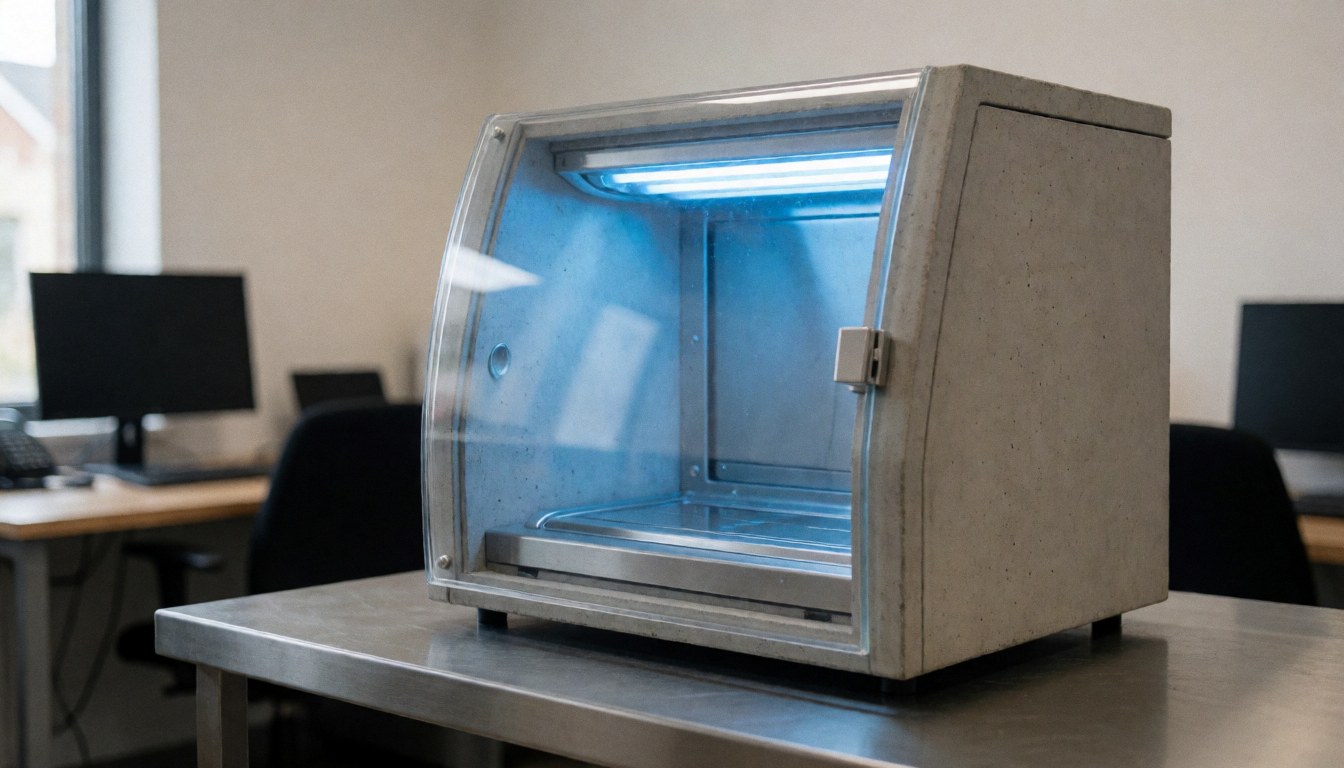 UV sterilization chamber placed on a stainless steel table in a clean workshop environment for console repair.