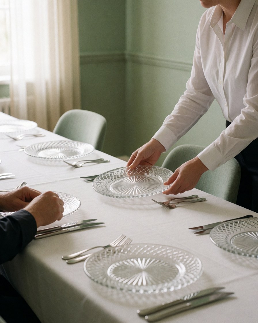 A professional places a crystal plate on a long table with a white tablecloth, preparing for a wedding reception in a room with green walls.