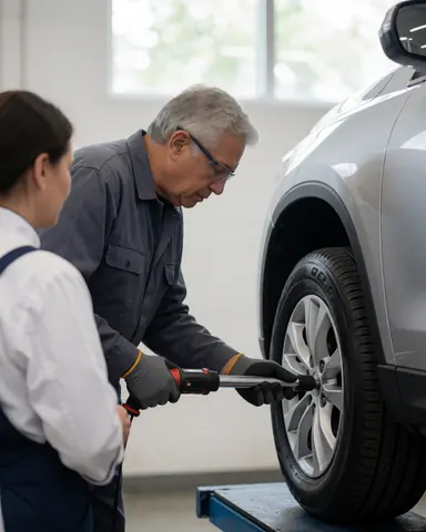 Mechanic uses a digital wrench to adjust a tire in a clean, professional workshop while a customer observes the service.