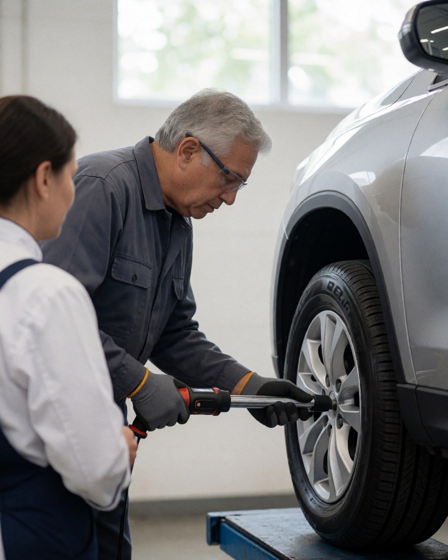 Mechanic uses a digital wrench to adjust a tire in a clean, professional workshop while a customer observes the service.