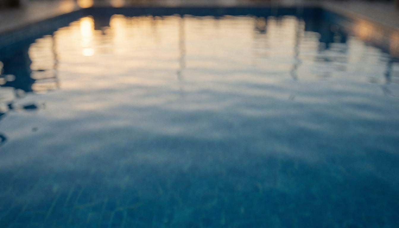 Blue water pool at sunset with soft golden reflections, serving as a serene background for business text overlays