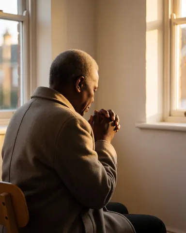 An adult person praying with hands together, sitting on a wooden chair near a window with golden light and cream walls.