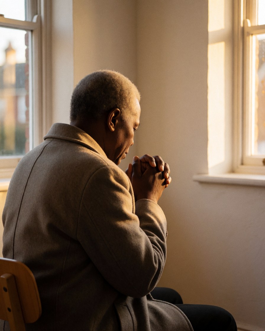 An adult person praying with hands together, sitting on a wooden chair near a window with golden light and cream walls.