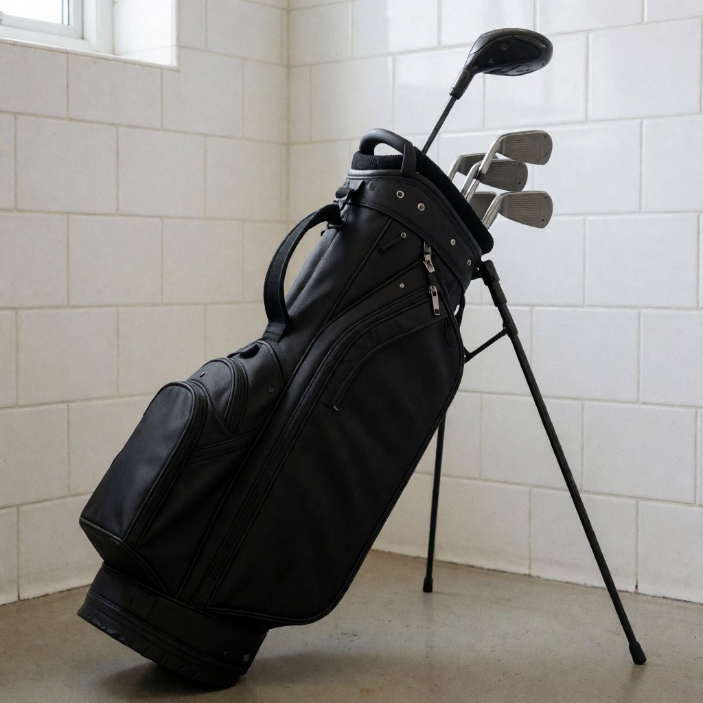 black golf bag with visible clubs in a white tiled corner, ideal for golf instructors