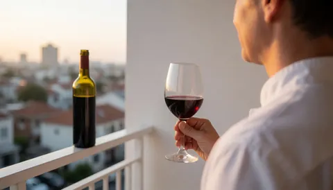 A person holding a glass of red wine on a balcony with a city view at sunset, suitable for an apartment hotel website.