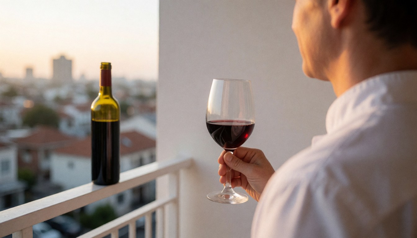 A person holding a glass of red wine on a balcony with a city view at sunset, suitable for an apartment hotel website.