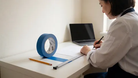 A professional writes on a desk with blue tape, a ruler, and a pencil to prepare a microblading design against a white background.