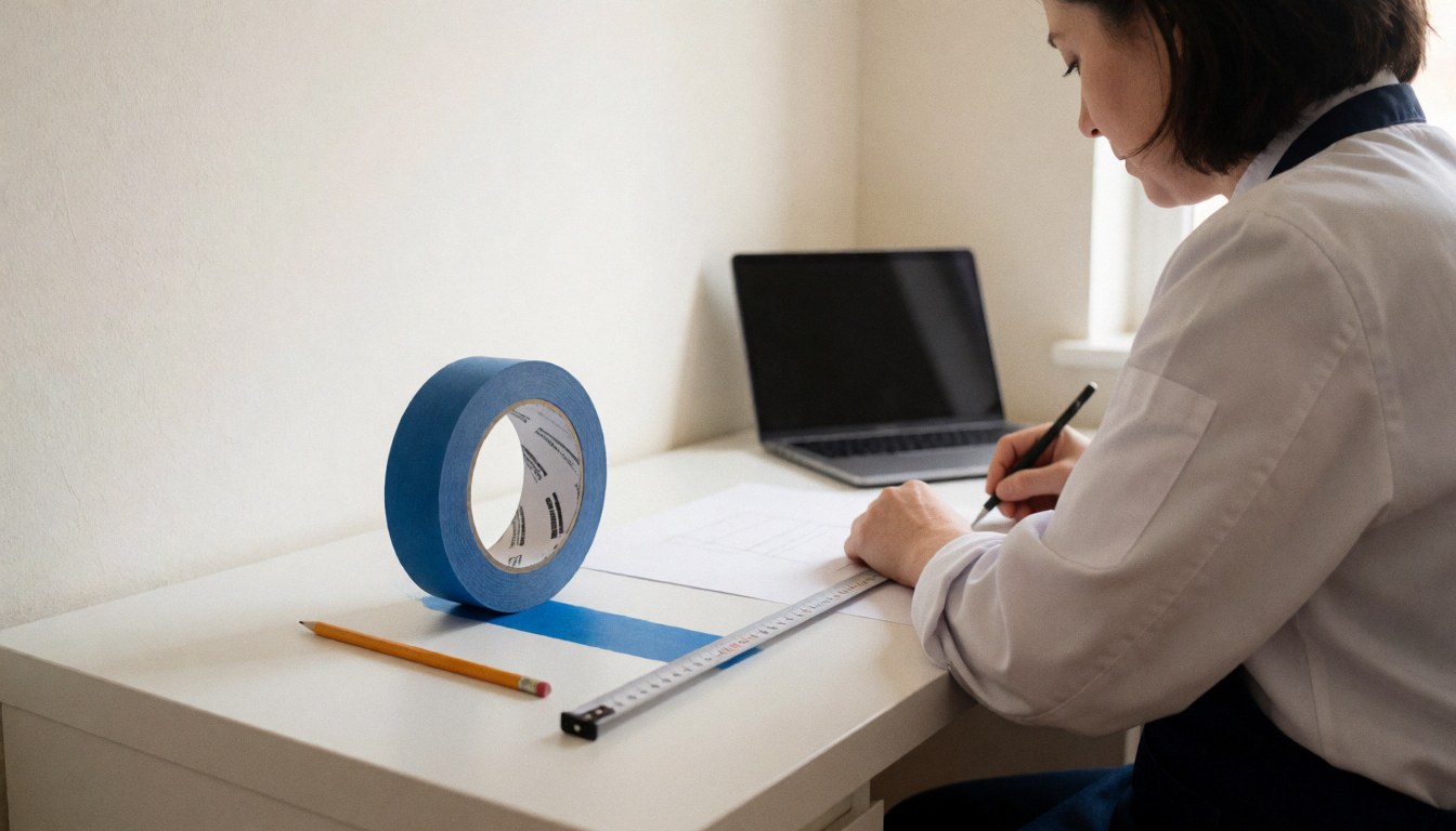 A professional writes on a desk with blue tape, a ruler, and a pencil to prepare a microblading design against a white background.