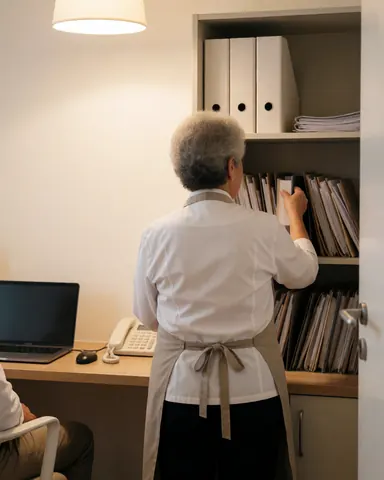 Professional organizing files on office shelf in massage therapy office with warm light and seated client