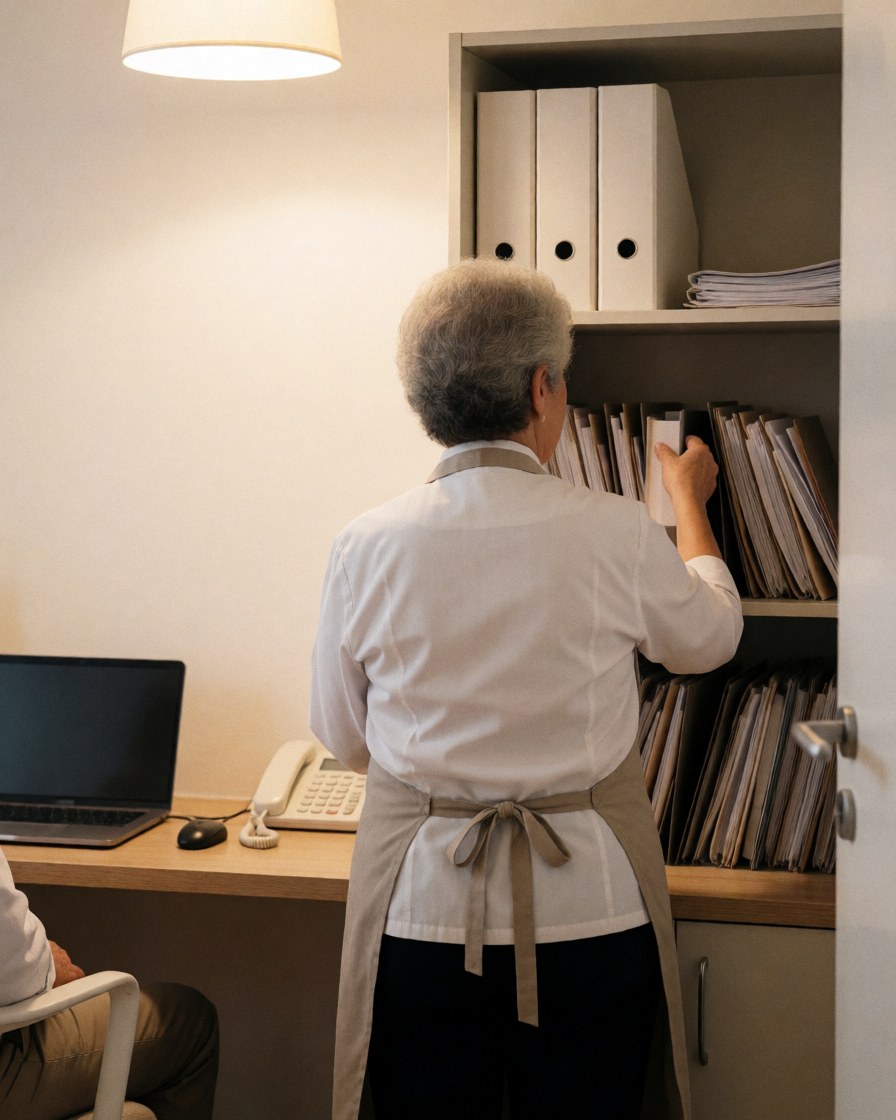 Professional organizing files on office shelf in massage therapy office with warm light and seated client