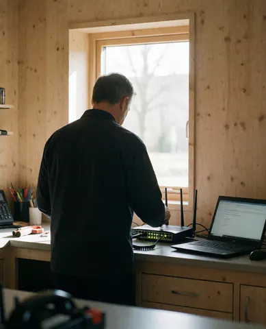 Technician configuring a router with green LEDs on a work desk with an open laptop and light wood walls.