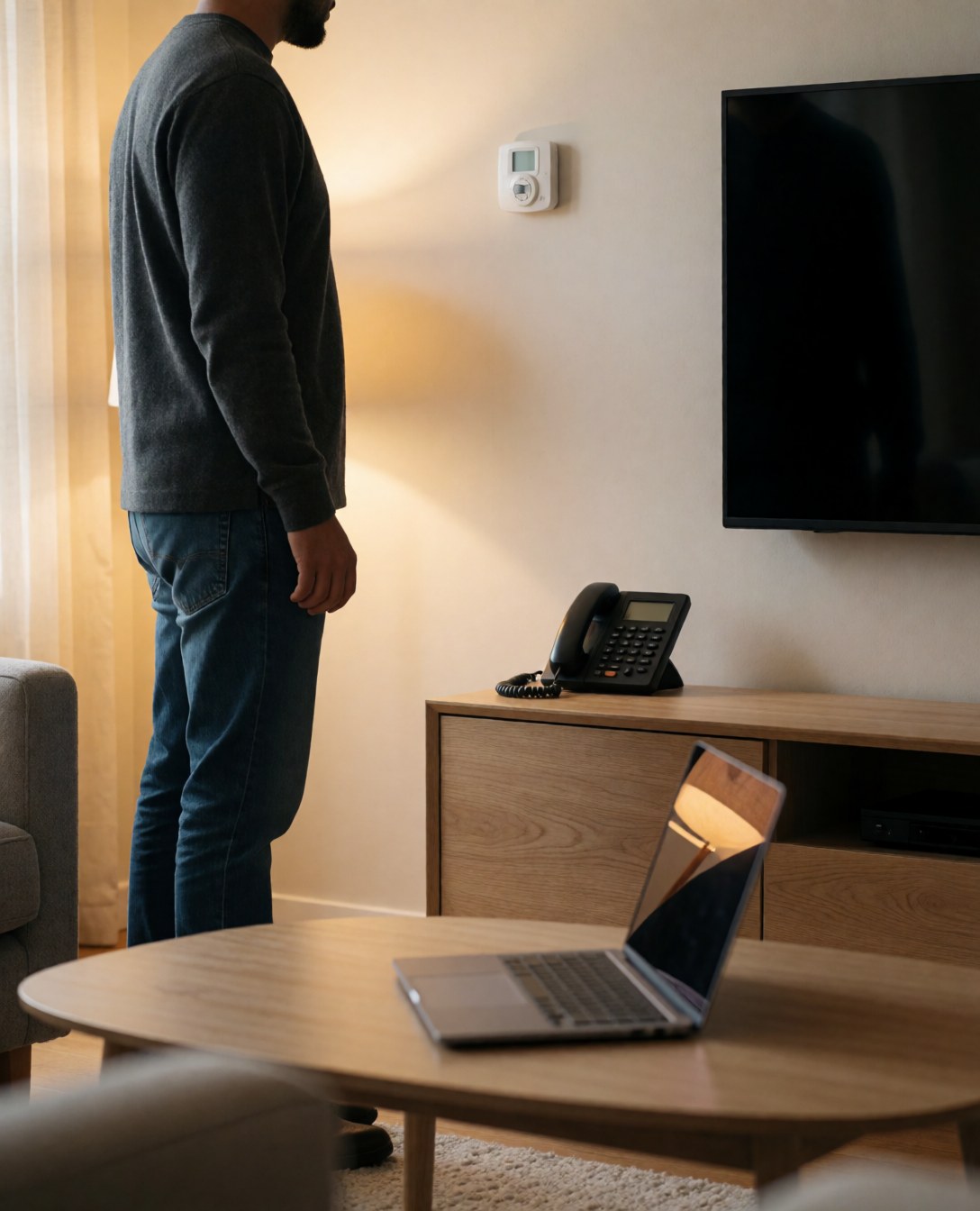 A man standing in a modern room looking at a wall-mounted thermostat with warm lighting and clean furniture.
