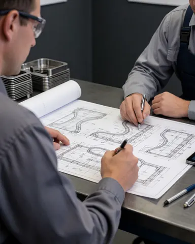 Two engineers inspecting metal stamping blueprints on a steel table with stamped metal parts in the background
