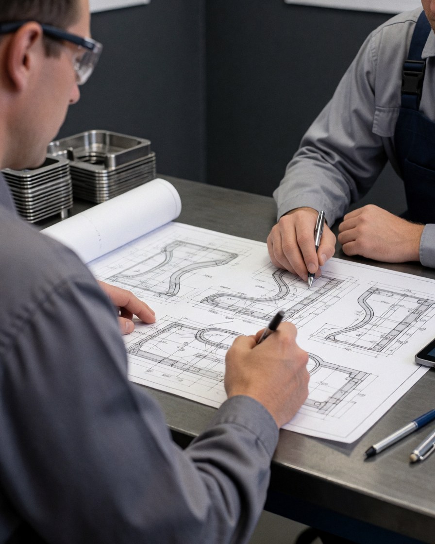Two engineers inspecting metal stamping blueprints on a steel table with stamped metal parts in the background