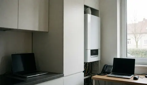 Modern white wall-mounted heating unit in a kitchen with white cabinetry and natural light from a window, ideal for heating system installation services.