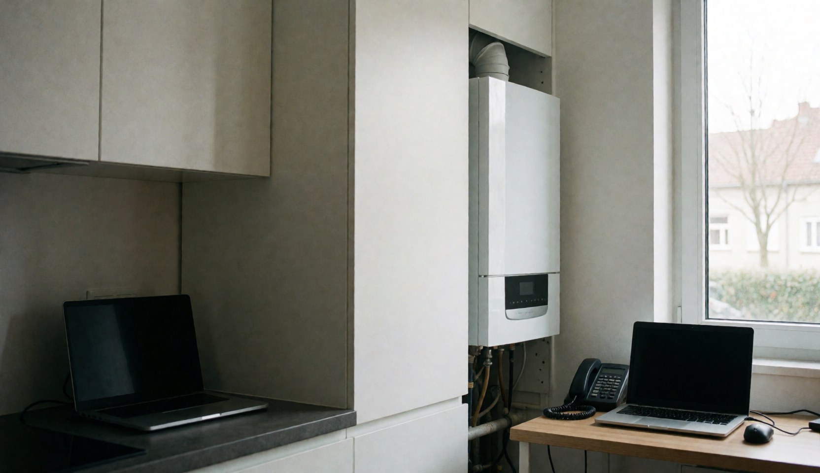 Modern white wall-mounted heating unit in a kitchen with white cabinetry and natural light from a window, ideal for heating system installation services.