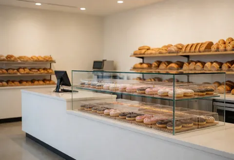 Glazed donuts in a glass display case inside a bright, modern bakery with white walls and bread shelves