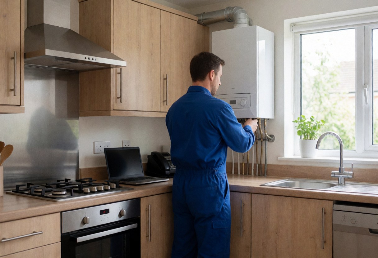 Technician in blue uniform checking boiler connections in a modern kitchen with wooden cabinets and stainless steel appliances.