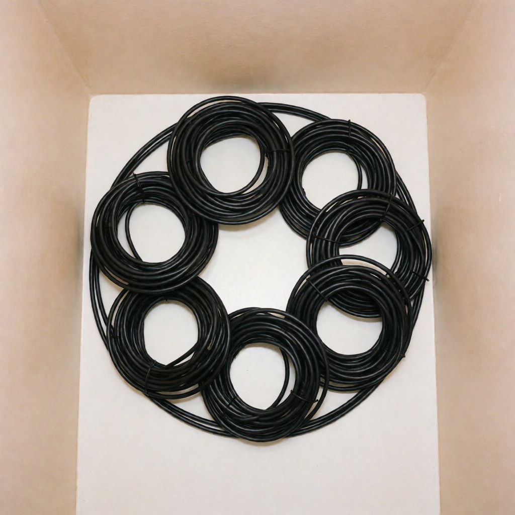 Coiled black HDMI cables on a white surface, ideal for television repair products with soft beige walls and even lighting.