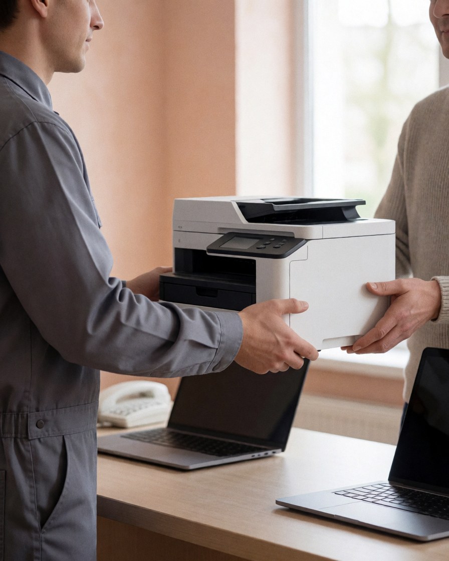 Technician in gray uniform hands a white printer to a client at a counter with laptops and a phone against light terracotta walls