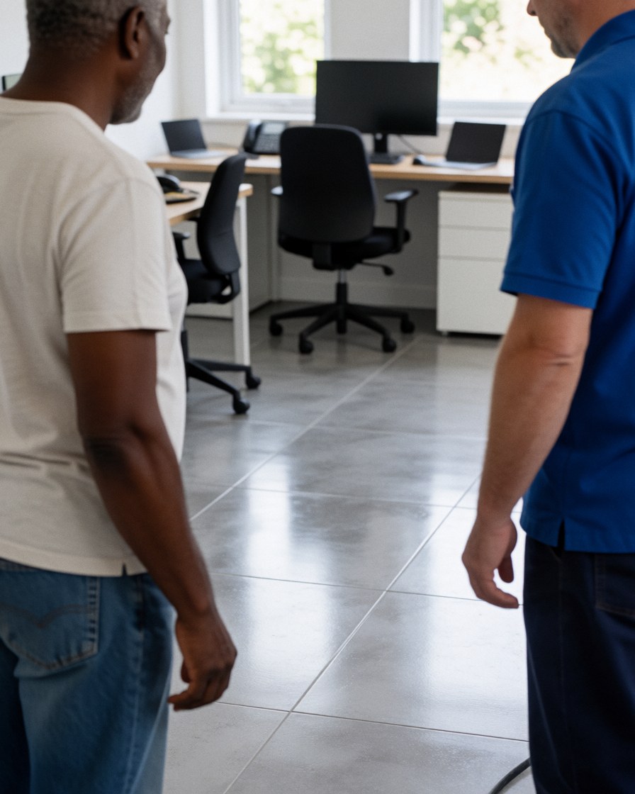A satisfied customer and professional inspecting new gray tile flooring in a modern office with natural light and tidy furniture