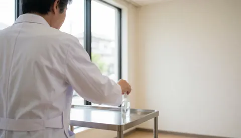 Back view of a dermatologist holding a skincare product in a modern clinic with cream walls and large windows