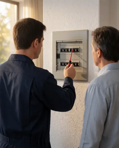 Electrician in blue uniform adjusting a circuit breaker while a client observes attentively in a home setting with natural window light