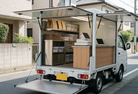 Open mobile vendor truck equipped with a cash register, shelves holding paper bags and plastic containers, ready for customer service.