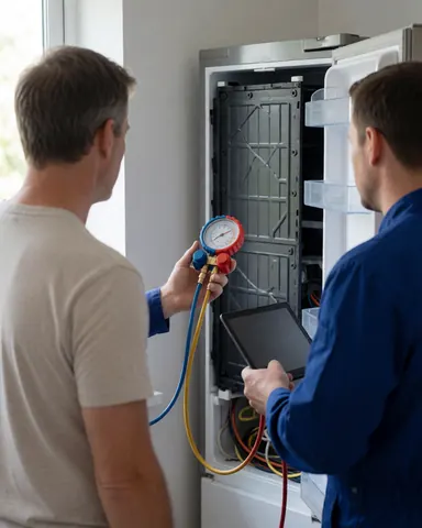Technician in blue uniform inspects a refrigerator using a manometer while a customer watches the repair process in a kitchen.