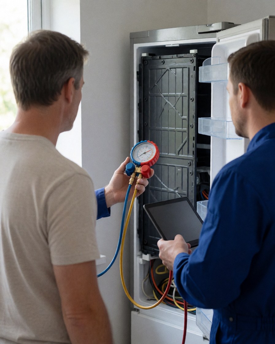 Technician in blue uniform inspects a refrigerator using a manometer while a customer watches the repair process in a kitchen.
